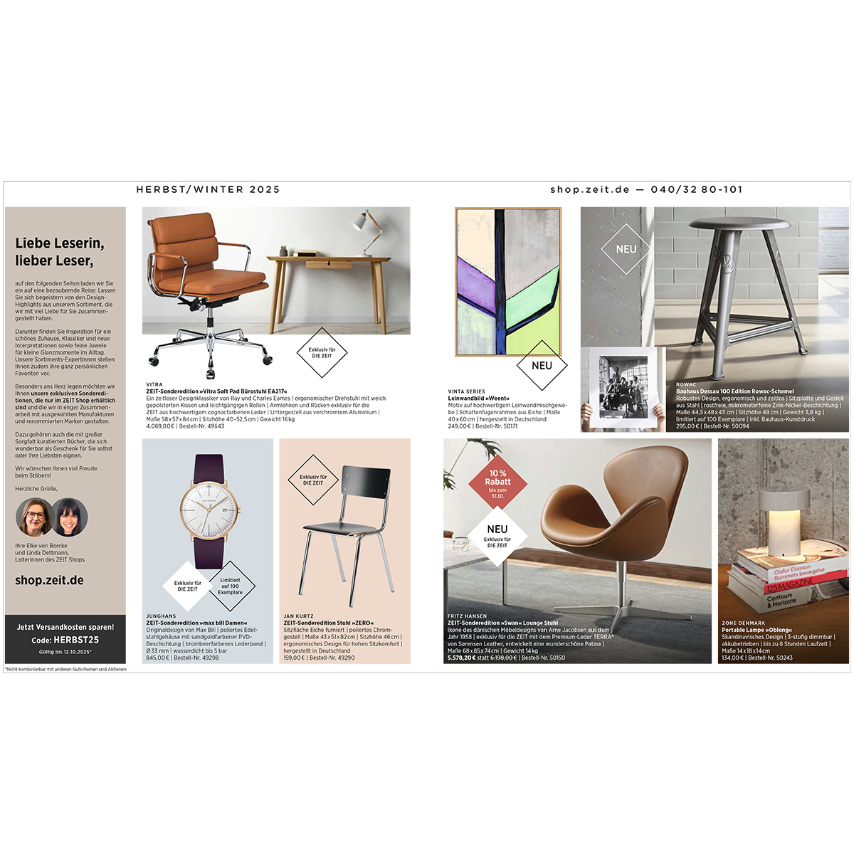 Designkatalog mit modernem Möbeldesign, darunter Sessel, Stuhl, Schreibtisch, Uhr, dekorative Vasen und Lampen. Die Arrangements sind in einem schlichten, minimalistischen Stil gehalten und heben zeitlose Wohntrends für Herbst/Winter 2025 hervor. Perfekt für Designfans und Fachleute aus der Innenarchitektur.