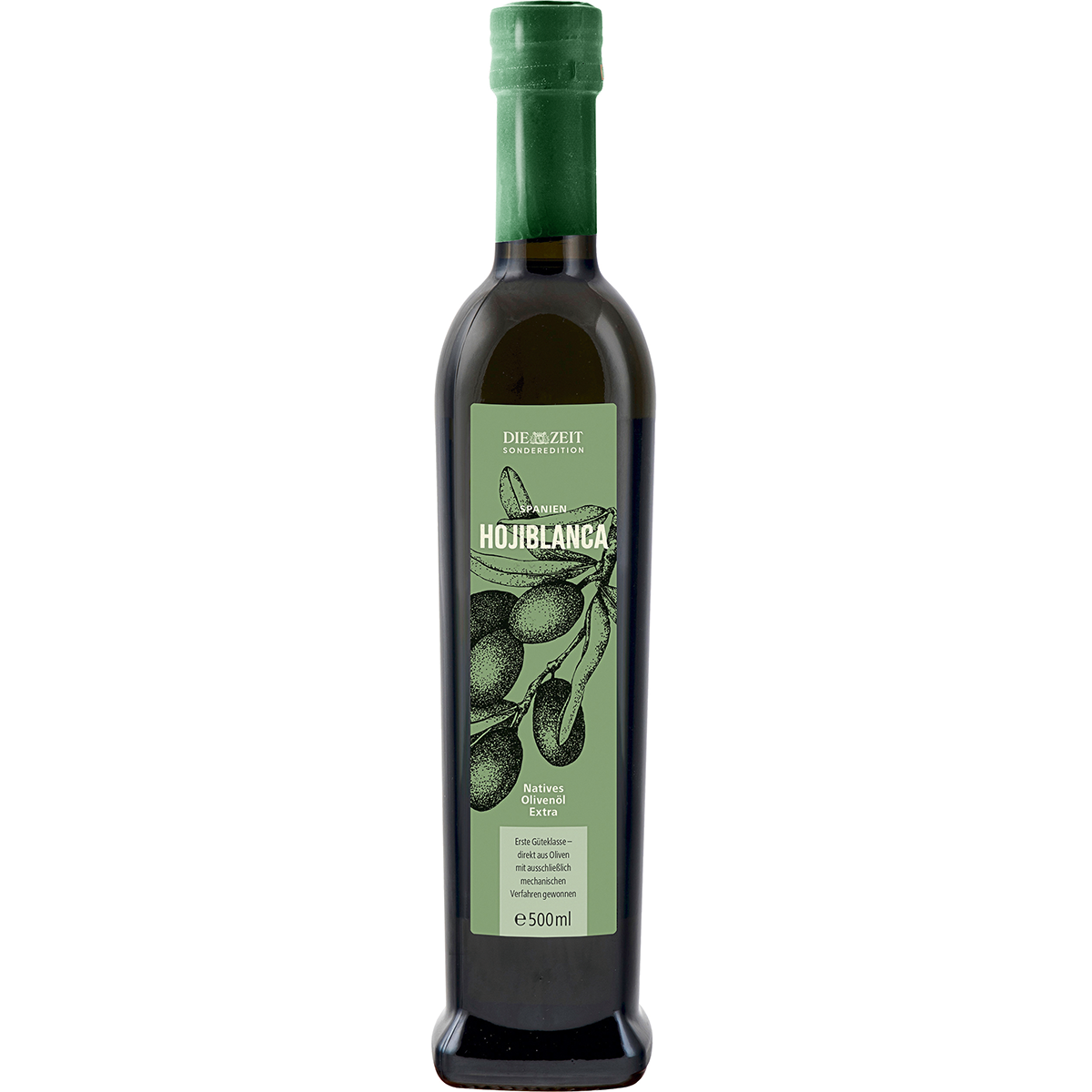 Eine Flasche der ZEIT-Sonderedition Olivenöl 2025 mit einem grün-schwarzen Etikett und der Aufschrift 'Hojiblanca'.
