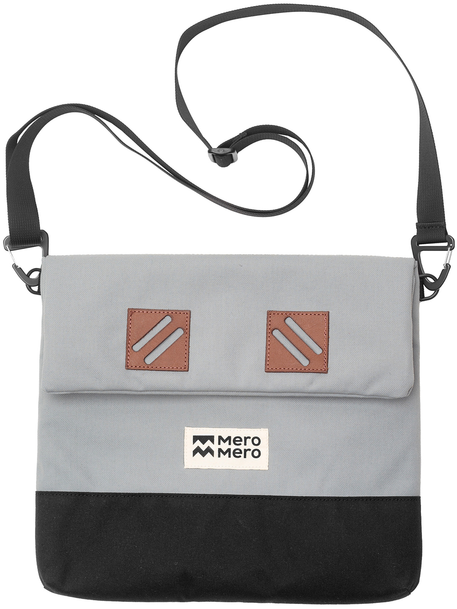 Eine stilvolle Pouch „Meije“ in Grau und Schwarz mit verstellbarem Schultergurt und braunen Lederdetails. Perfekt für den Alltag.