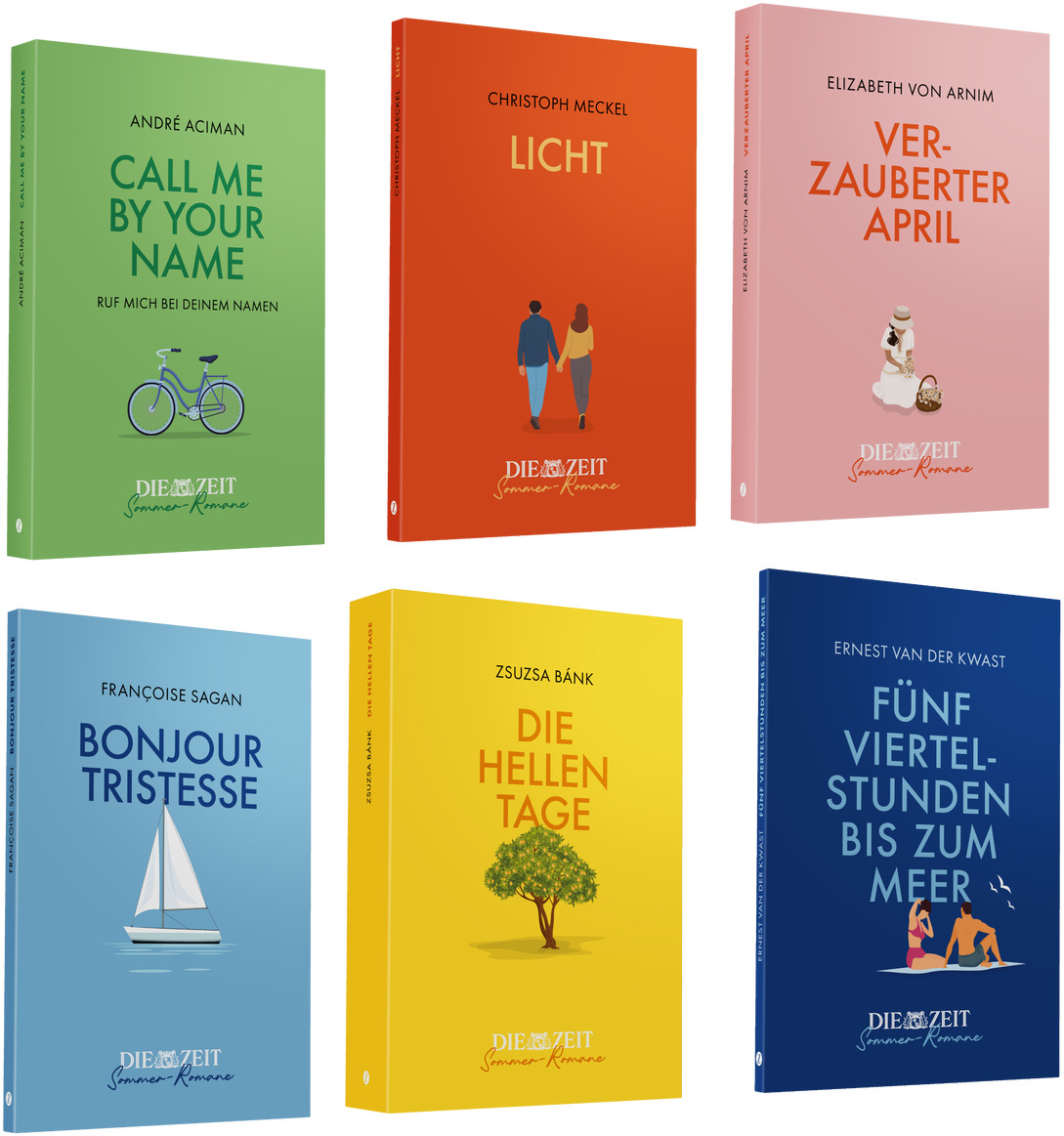 Sechs Bücher der ZEIT-Edition »Sommer-Romane« in verschiedenen Farben: 'Call Me By Your Name' von André Aciman (blau), 'Licht' von Christoph Meckel (rot), 'Verzauberter April' von Elizabeth von Arnim (rosa), 'Bonjour Tristesse' von Françoise Sagan (hellblau), 'Die hellen Tage' von Zsuzsa Bánk (gelb), 'Vom Viertelstunden bis zum Meer' von Ernst van der Kwast (dunkelblau).
