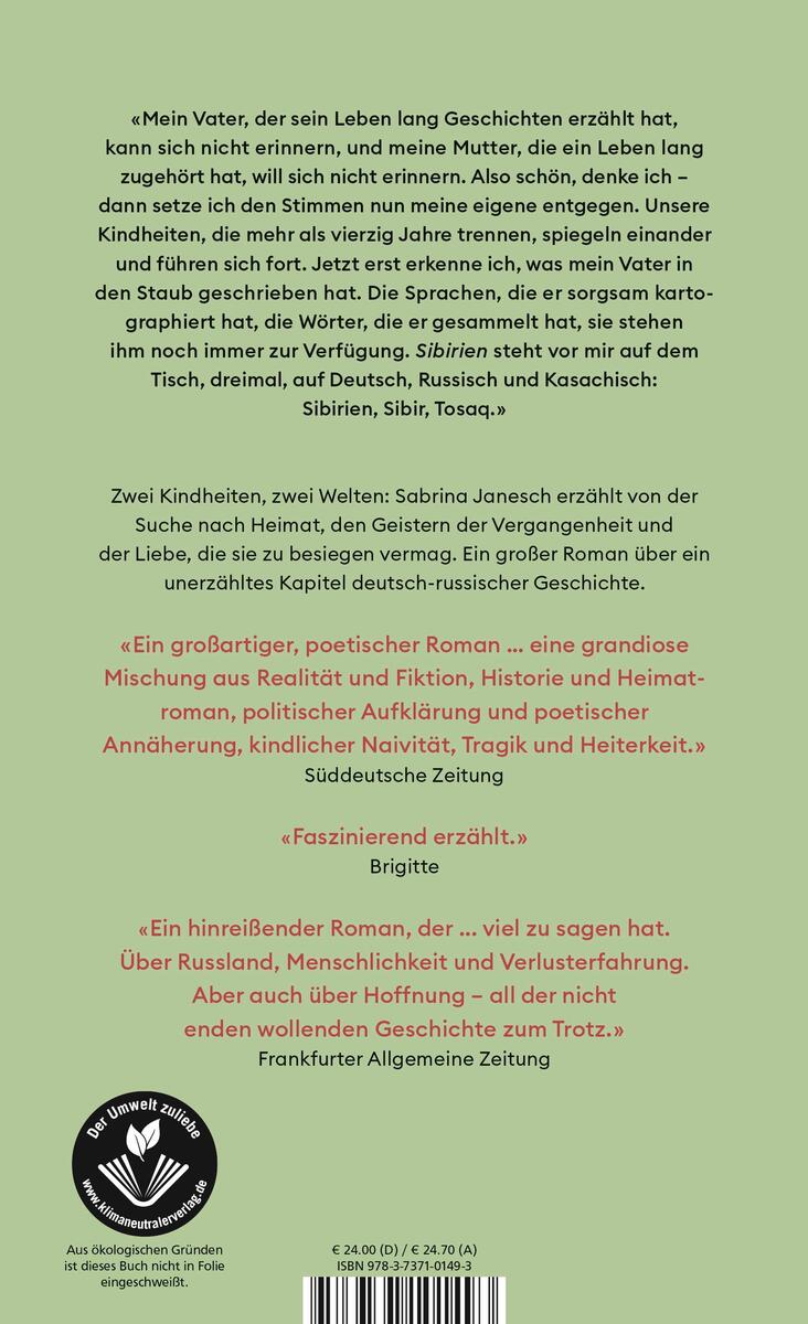 Das Bild zeigt die Rückseite des Buches 'Sibir' von Sabrina Janesch. Das Cover ist überwiegend grün mit Zitaten von verschiedenen Zeitungen und einer kurzen Inhaltsangabe. Unten befinden sich Logos und ein Barcode.