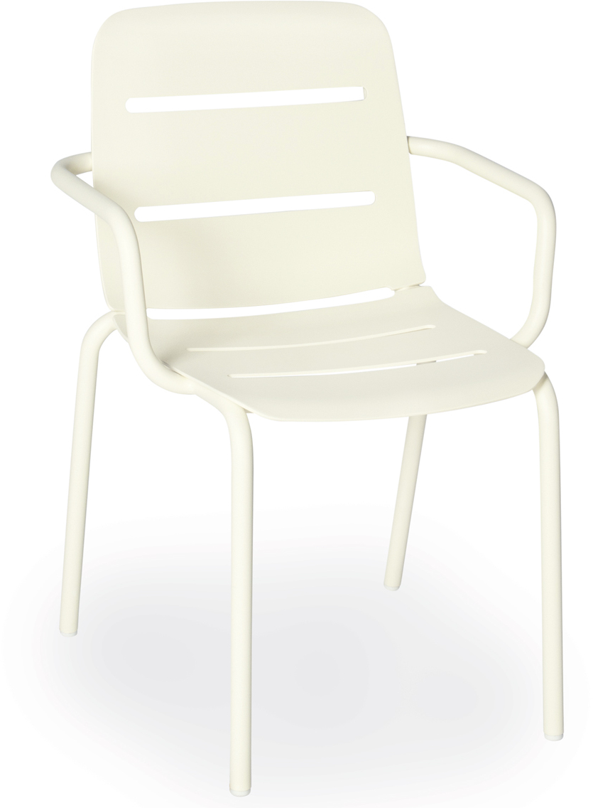 Ein moderner weißer Sessel VAPIO basic mit Armlehnen und einem minimalistischen Design, ideal für verschiedene Räume wie Esszimmer oder Wohnzimmer.