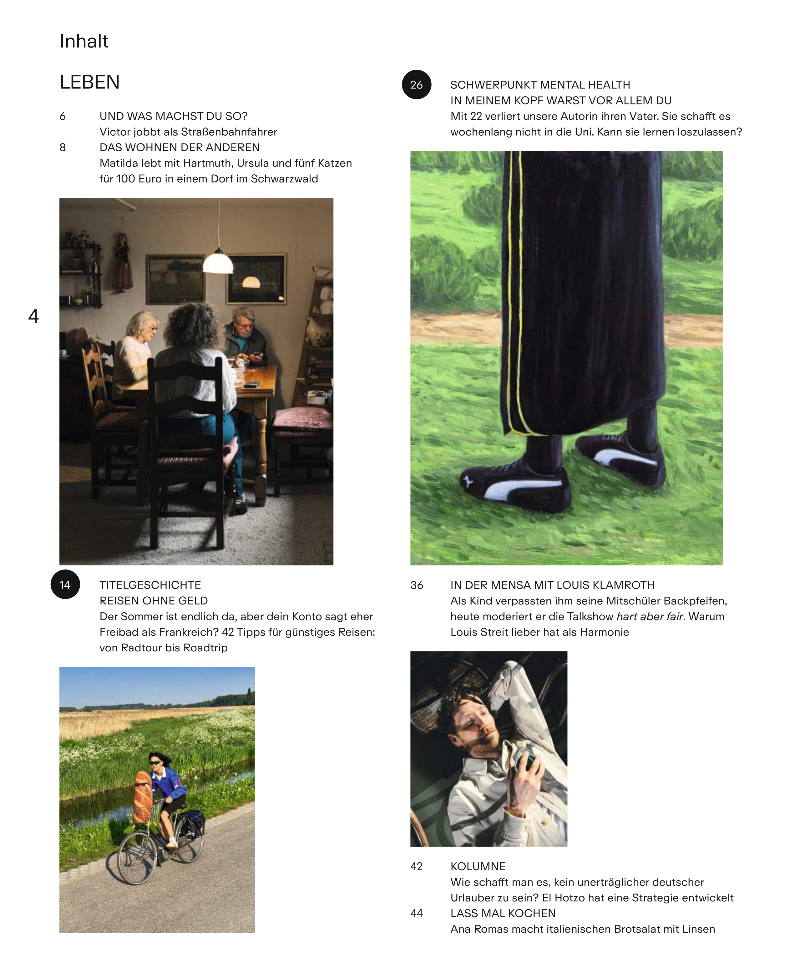 Das Titelbild einer Inhaltsseite des Magazins ZEIT CAMPUS Ausgabe 3/25 zeigt eine Gruppe junger Menschen beim gemeinsamen Essen an einem Tisch und kleinere Fotos zum Thema Reisen, Mental Health und studentisches Leben. Verschiedene Alltagsszenen spiegeln das Leben von Studierenden, Freizeitaktivitäten und Gespräche wider. Das Design ist geprägt von weißen, schwarzen und natürlichen Farben.