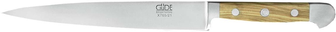 Ein Schinkenmesser mit einer silbernen Klinge und einem Griff aus Olivenholz. Das Messer hat drei Nieten im Griff und ist aus rostfreiem Stahl gefertigt.