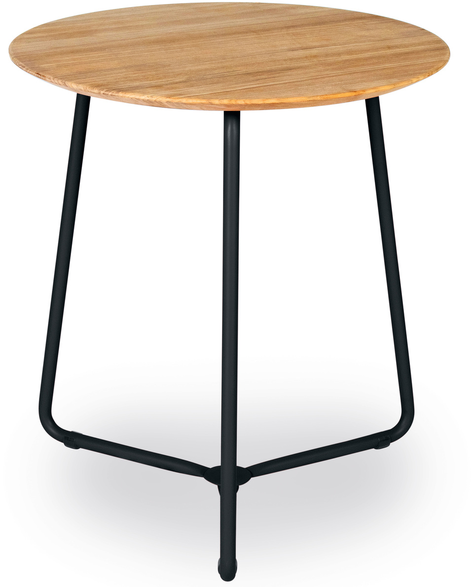 Runder Bistrotisch mit einer Tischplatte aus Teakholz und einem schwarzen Metallgestell, ideal für Balkon oder Terrasse.