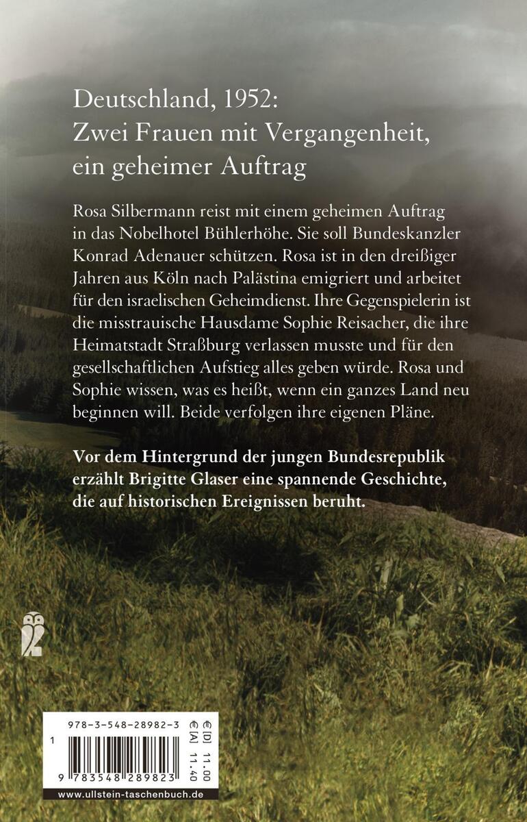 Rückseite des Buches 'Glaser, B: Bühlerhöhe' mit einer Beschreibung der Handlung, die auf einem Geheimauftrag in Deutschland im Jahr 1952 basiert. Zwei Frauen mit einer geheimen Mission, historisch inspiriert.