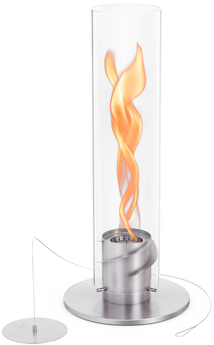 Ein modernes Tischfeuer namens »SPIN 1200« mit einer spiralförmigen Flamme in einem zylinderförmigen Glasbehälter, platziert auf einer silberfarbenen metallischen Basis. Ein elegantes Accessoire für den Innenbereich.