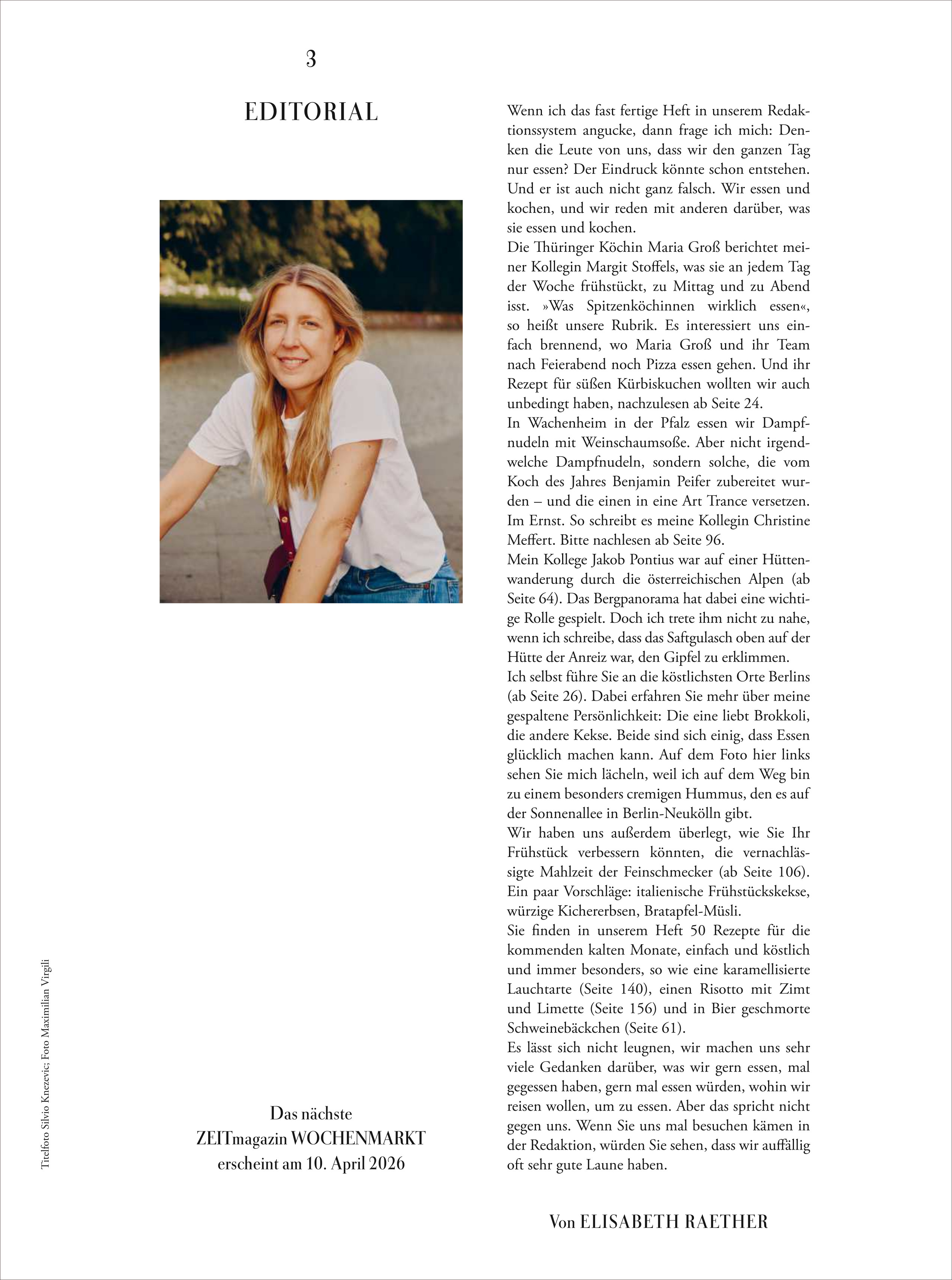 Das Cover der Ausgabe ZEITmagazin WOCHENMARKT 9/25 zeigt eine freundlich lächelnde Frau im Freien, begleitet von einem Editorialtext auf weißem Hintergrund mit schwarzer Schrift. Oben steht die Seitenzahl 3. Das Layout ist klar und modern, mit viel Weißraum und dezenten Farben.