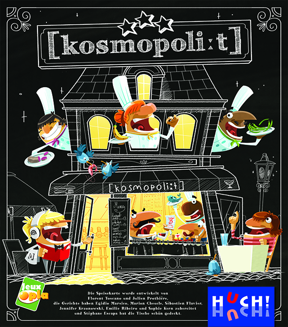 Die Abbildung zeigt die bunte und humorvolle Verpackung des Brettspiels »Kosmopoli:t«. Im Vordergrund ist ein von Comic-Figuren belebtes, internationales Restaurant auf schwarzem Hintergrund abgebildet. Gäste und Köche interagieren ausgelassen, während diverse Gerichte serviert werden. Das Cover vermittelt Teamgeist, kulturelle Vielfalt und Spaß am gemeinsamen Spielen.
