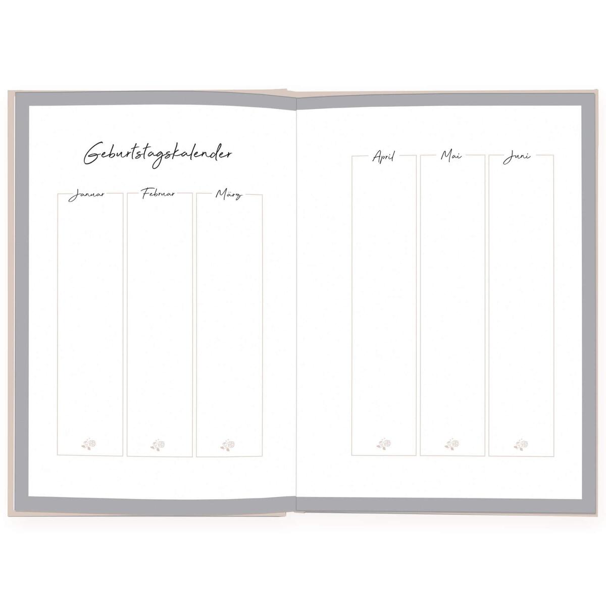 Offenes Freundschaftsbuch für Erwachsene mit einem Geburtstagskalender für die Monate Januar bis Juni, präsentiert auf zwei weißen Seiten mit grauem Rand und kleinen Blumenmotiven.