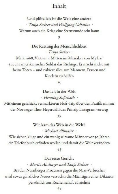 Inhaltsverzeichnis des Buches »Und plötzlich ist die Welt eine andere« von Tanja Stelzer und Wolfgang Uchatius, das verschiedene historische Ereignisse beschreibt. Der Text ist in schwarzer Schrift auf weißem Hintergrund druckt.