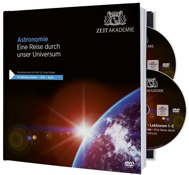 Das Bild zeigt das Produkt '»Astronomie«-Seminar' der Zeit Akademie. Es besteht aus einem Buch und zwei DVDs. Der Bucheinband ist dunkel mit einem Bild von Planeten und Sternen darauf.