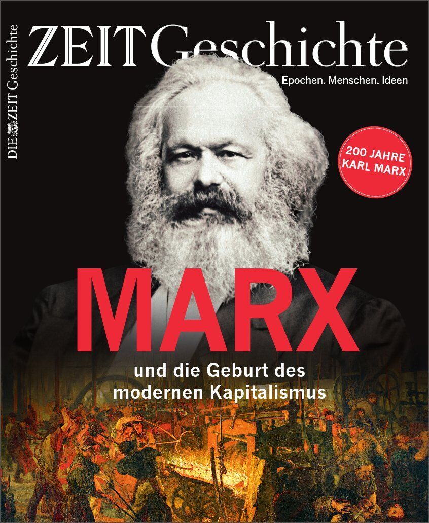 Das Cover des Buches 'ZEIT Geschichte: Karl Marx', das ein Porträt von Karl Marx in Schwarz-Weiß mit einem Hintergrundbild einer revolutionären Szene zeigt. Der Titel ist prominent in roten Buchstaben geschrieben.