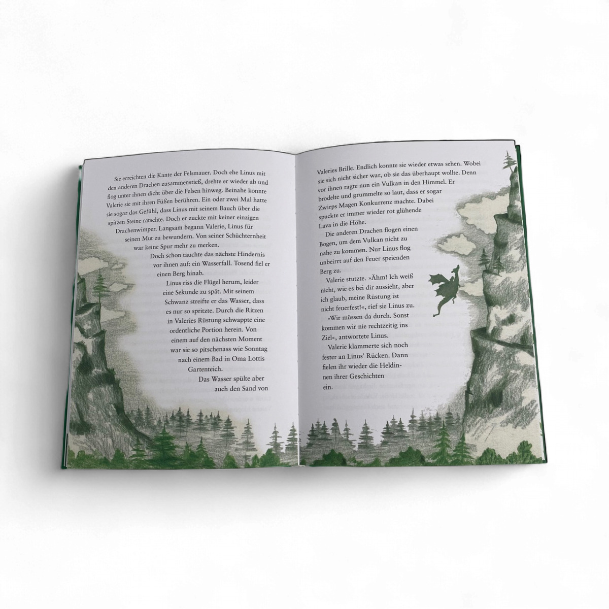 Aufgeschlagenes Kinderbuch „Valerie – Retterin der Bücher“ mit illustrierten, märchenhaften Wald- und Felslandschaften in Grüntönen. In der Mitte des rechten Buchseite fliegt eine kleine, gezeichnete Figur. Beide Seiten sind mit viel Text in deutscher Sprache bedruckt. Das Layout wirkt freundlich und kindgerecht.