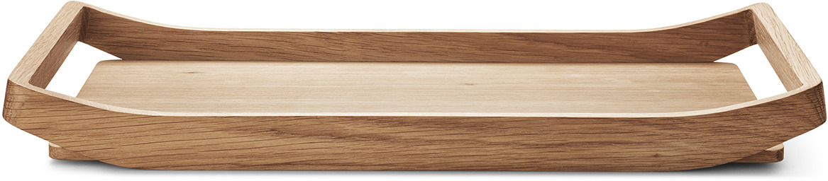 Ein rechteckiges Holztablett mit erhobenen Kanten und einem skandinavischen Design. Das Tablett hat eine naturbelassene Hellbraunfarbe und schlichte, klare Linien.