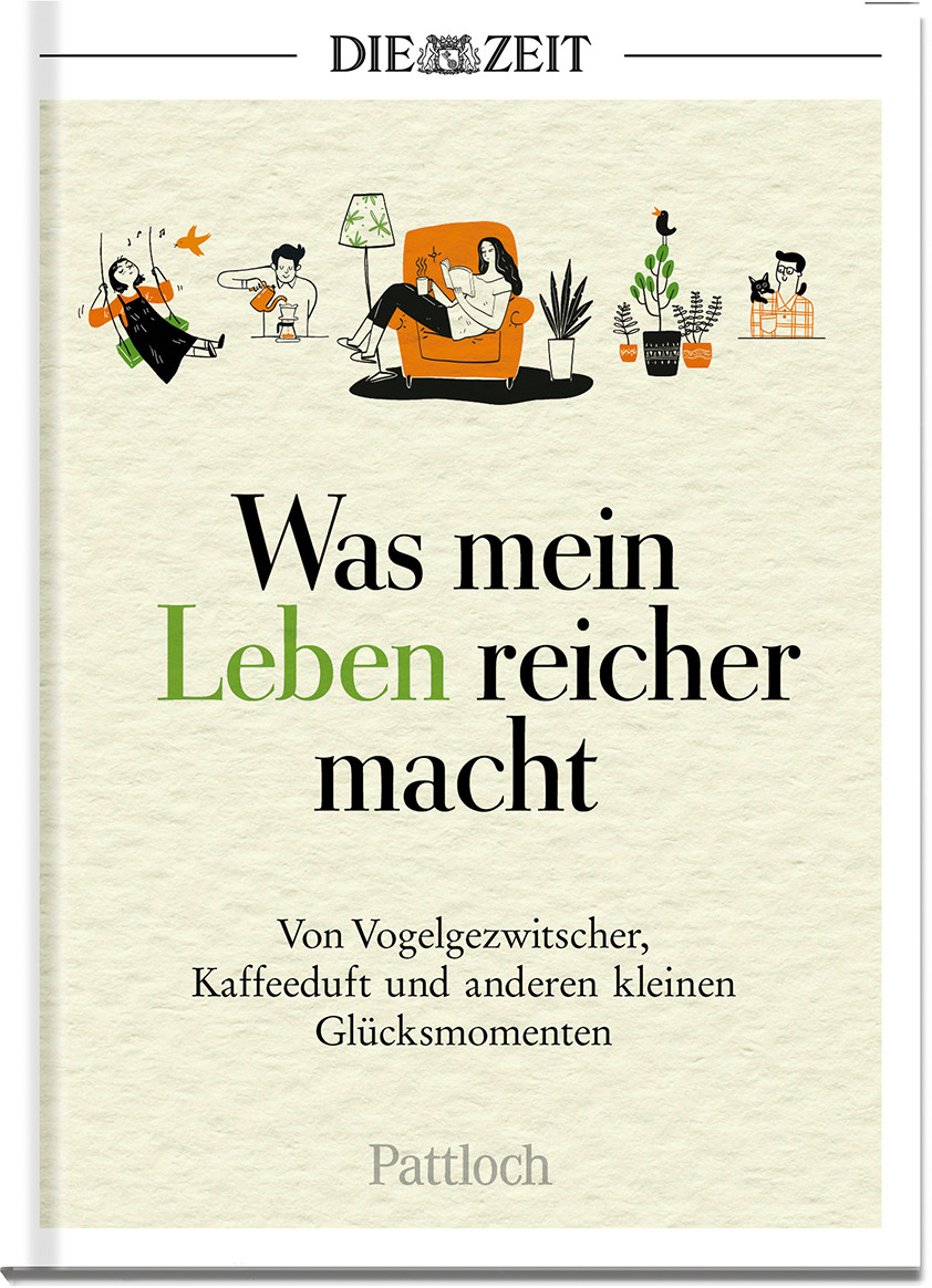 Buchcover des Geschenkbuchs »Was mein Leben reicher macht: Glück & Lebensfreude« von Pattloch mit dem Titel in schwarzer und grüner Schrift auf weißem Hintergrund. Das Cover zeigt humorvolle Illustrationen von Menschen in entspannenden, alltäglichen Situationen.
