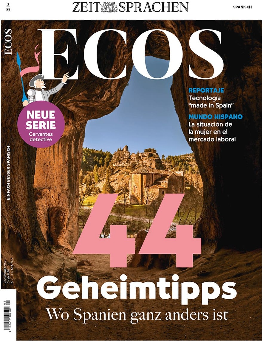 Eine Ausgabe der Zeitschrift 'Ecos Heft 03/2022'. Das Titelbild zeigt eine Aussicht aus einer Höhle mit Blick auf eine spanische Landschaft. Der Titel auf dem Cover lautet '44 Geheimtipps: Wo Spanien ganz anders ist'.