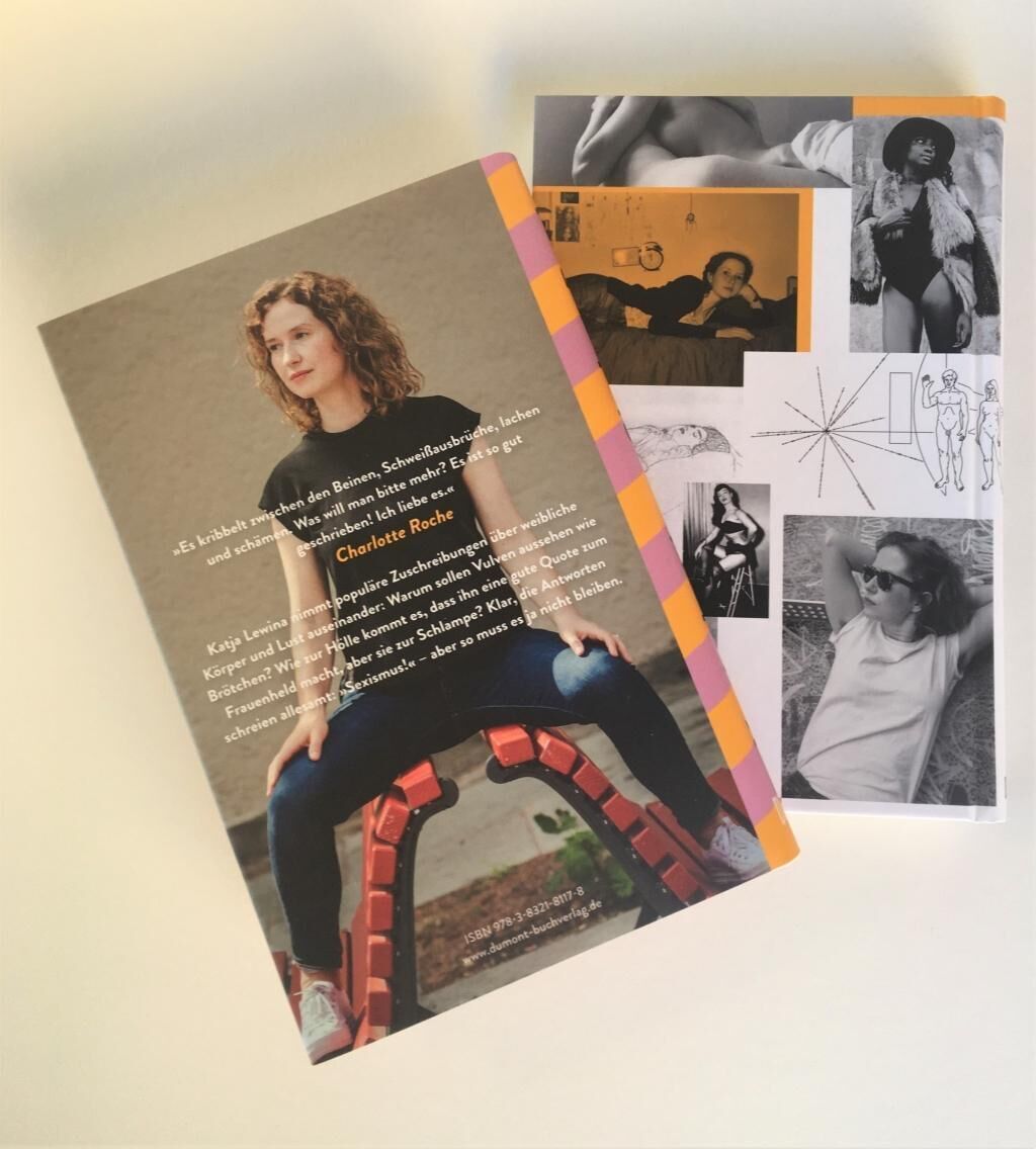 Zwei Bücher von Lewina, Katja: Sie hat Bock. Die Deckblätter zeigen eine Frauenfigur sowie verschiedene künstlerische Illustrationen und Fotografien. Der Haupttitel ist in großen Buchstaben zu sehen.