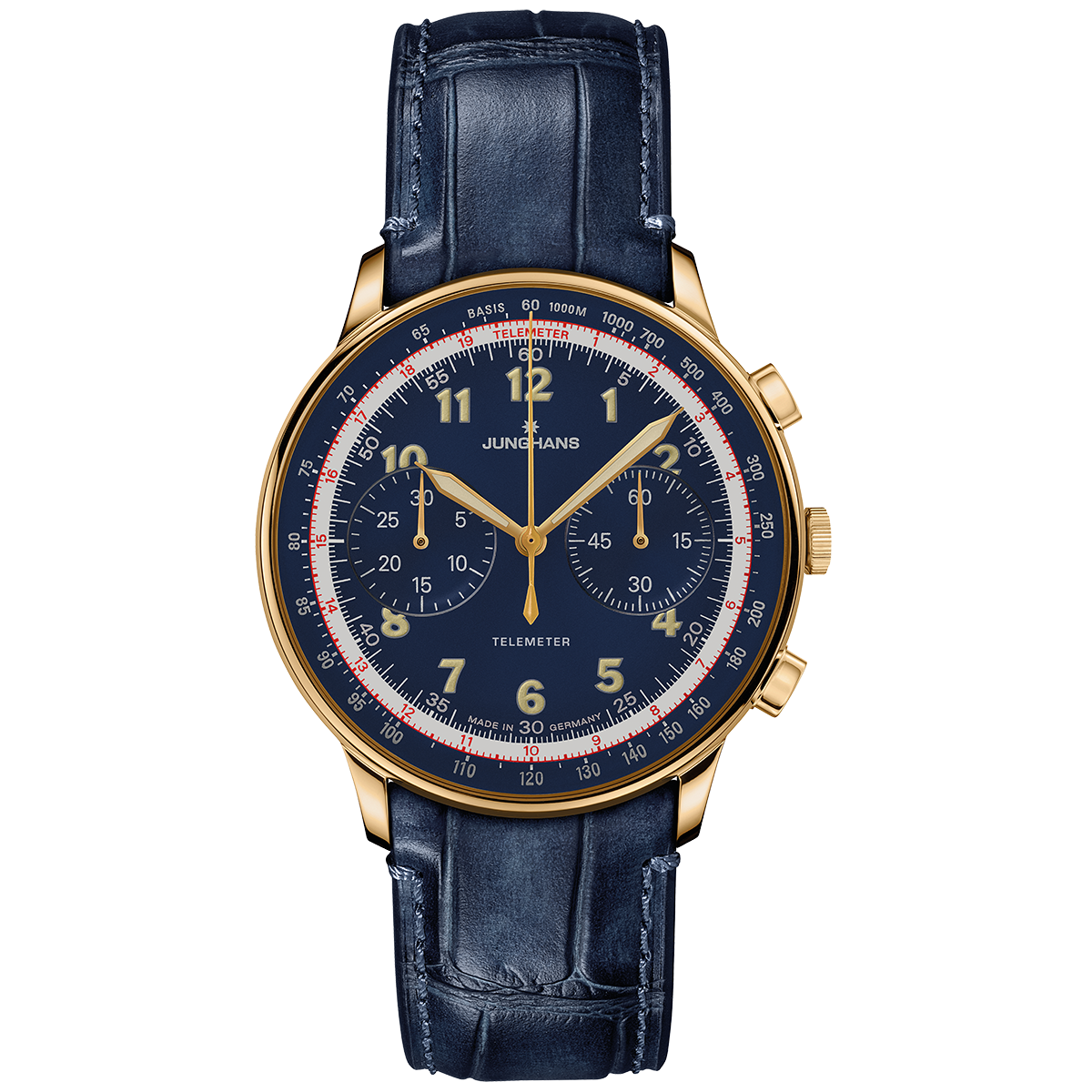Abgebildet ist eine elegante Herrenuhr der ZEIT-Sonderedition »Telemeter« von Junghans mit rundem, goldfarbenem Gehäuse und dunkelblauem Lederarmband. Das Zifferblatt ist in Dunkelblau gehalten mit goldenen Zeigern und Indizes sowie weißen und roten Markierungen. Die Uhr hat drei kleine Hilfszifferblätter, eine feine Minuterie und chronographische Funktionen.