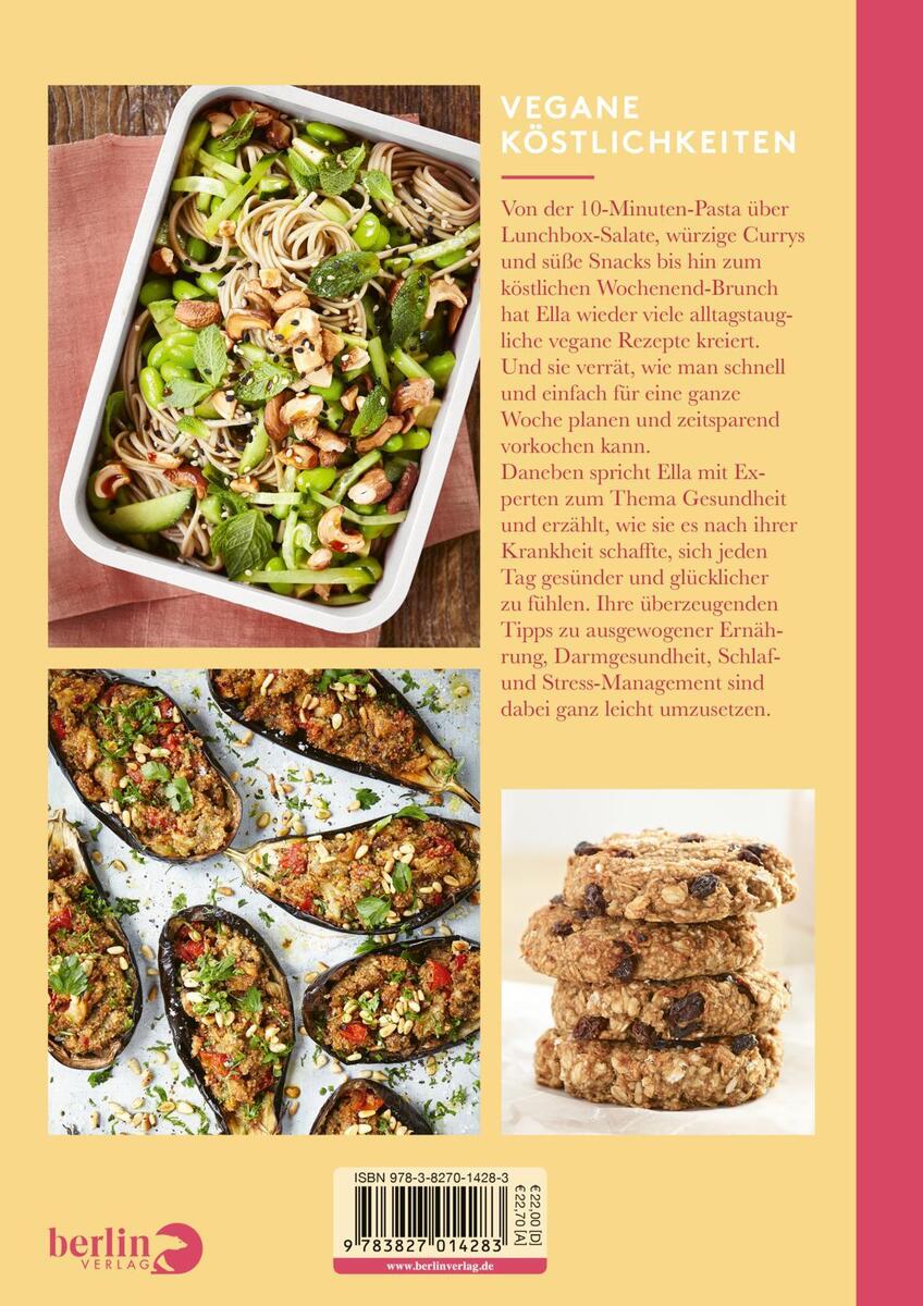 Die Rückseite eines Kochbuchs mit dem Titel 'Deliciously Ella. Quick & Easy'. Es zeigt Fotos von einem Lauchsalat, gefüllten Auberginen und gesunden Snackbällchen. Oben rechts steht 'Vegane Köstlichkeiten'.