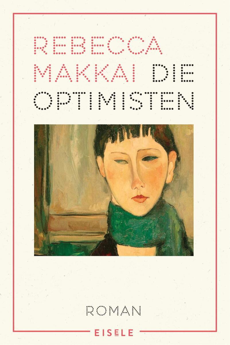 Das Bild zeigt das Buchcover von 'Die Optimisten' von Rebecca Makkai. Auf dem Cover ist ein minimalistisches Porträt einer Person mit kurzgeschnittenem dunklem Haar zu sehen. Der Titel des Buches ist in großen roten Buchstaben oben auf dem Cover platziert. Das Bild hat eine schlichte und zurückhaltende Gestaltung mit dominanten Farben Beige, Grün, Rot, Braun und Schwarz.