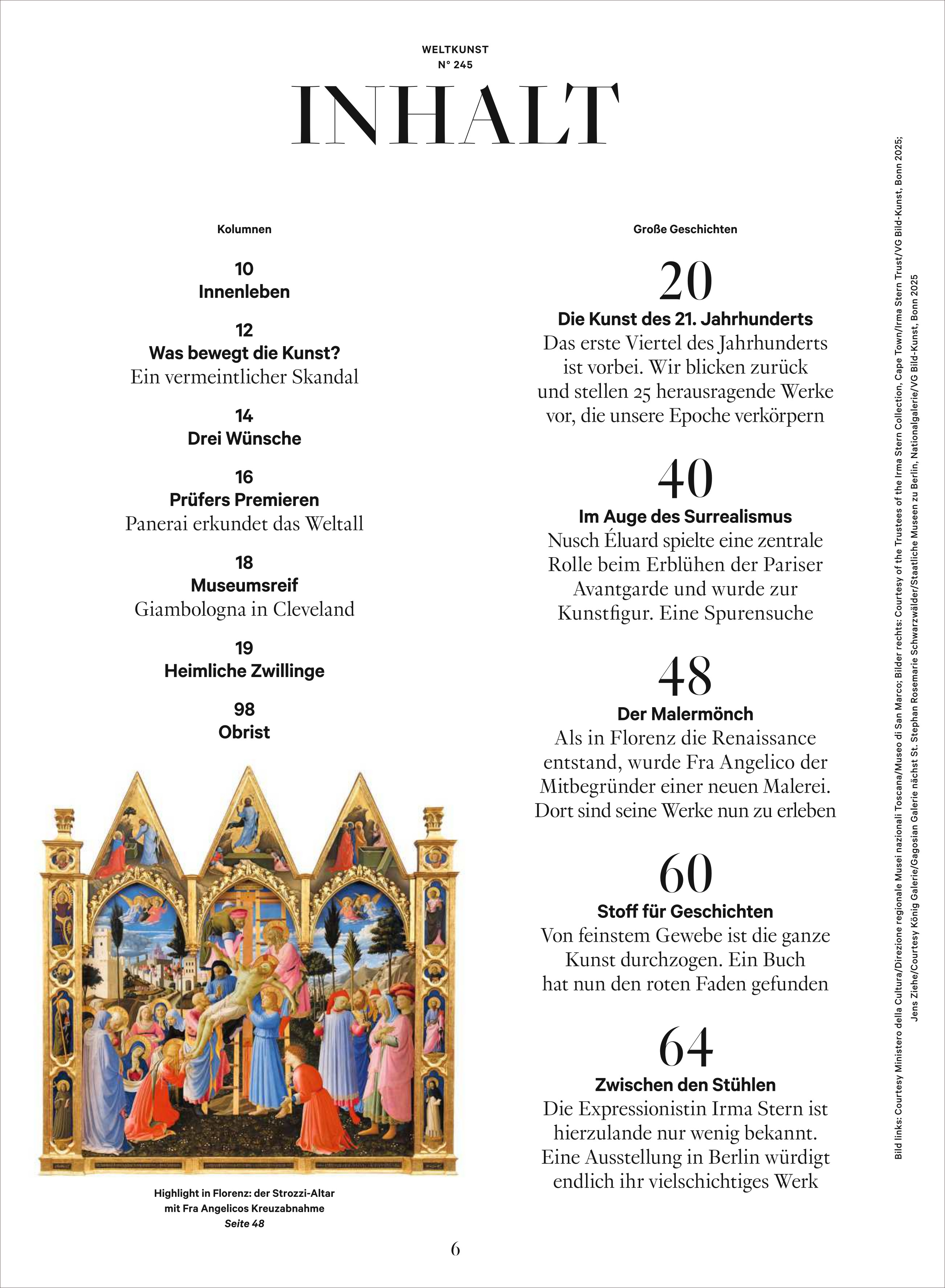 Eine Magazinseite von WELTKUNST 245/25 mit Inhaltsverzeichnis. Die Seite zeigt schwarze Texte auf weißem Hintergrund, einen mehrflügeligen, farbenfrohen Altar mit religiösen Motiven im unteren Bereich und verschiedene Rubriken zur Kunst des 21. Jahrhunderts samt thematischen Schwerpunkten.