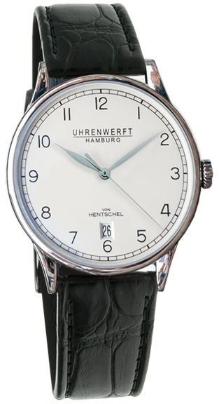 Die Uhrenedition ZEIT 1 aus Edelstahl ist eine elegante Herrenuhr mit einem weißen Zifferblatt, schwarzen Lederarmband und einem silbernen Gehäuse. Die Uhr verfügt über eine Datumsanzeige und klassische, schlichte Zeiger.