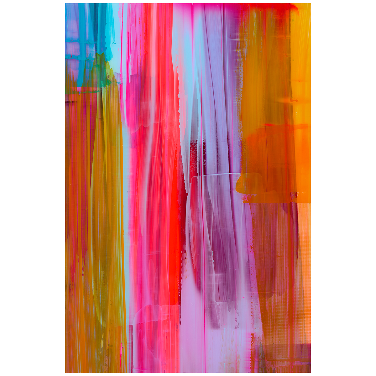 Abstraktes Gemälde von Axel Kostorz mit vertikal verlaufenden, lebhaften Farbstreifen in Pink, Orange, Gelb, Lila, Rot und Türkis auf Aluminiumplatte. Die Farbschichten überlappen sich teils transparent, wodurch ein dynamischer, leuchtender Farbeffekt entsteht.