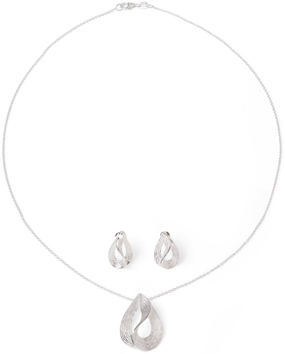Ein elegantes Schmuckset bestehend aus einer silbernen Halskette und passenden Ohrringen. Das Design ist modern und minimalistisch gehalten, ideal für festliche Anlässe.