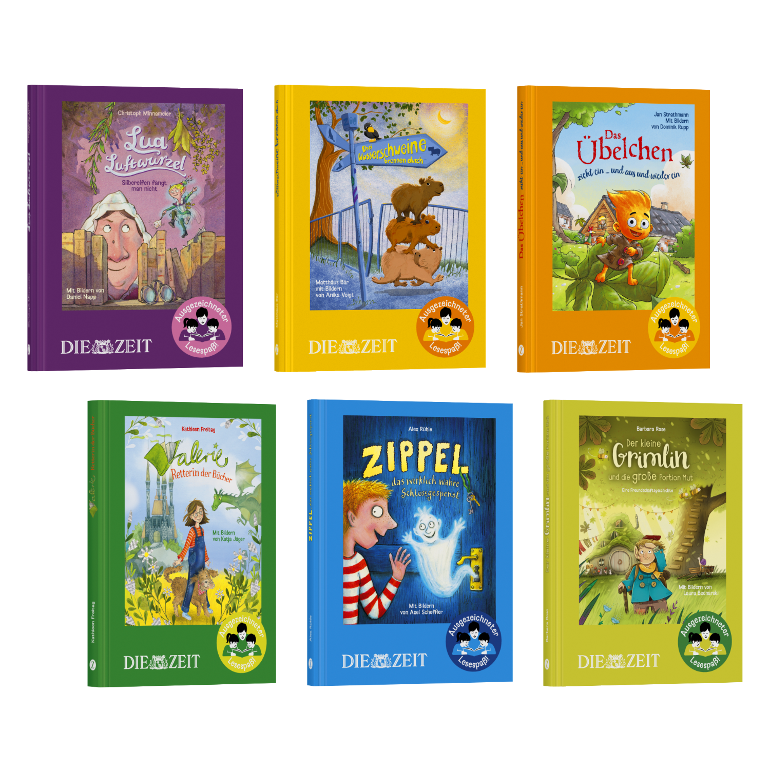 Sechs unterschiedliche, farbenfrohe Hardcover-Kinderbücher mit Illustrationen auf dem Cover, zusammengestellt als ZEIT-Edition »Ausgezeichneter Lesespaß!«. Jedes Buch zeigt kindgerechte Motive und Figuren, darunter Tiere, Geister und Fantasiewesen, und trägt das ZEIT-Logo auf dem Cover.