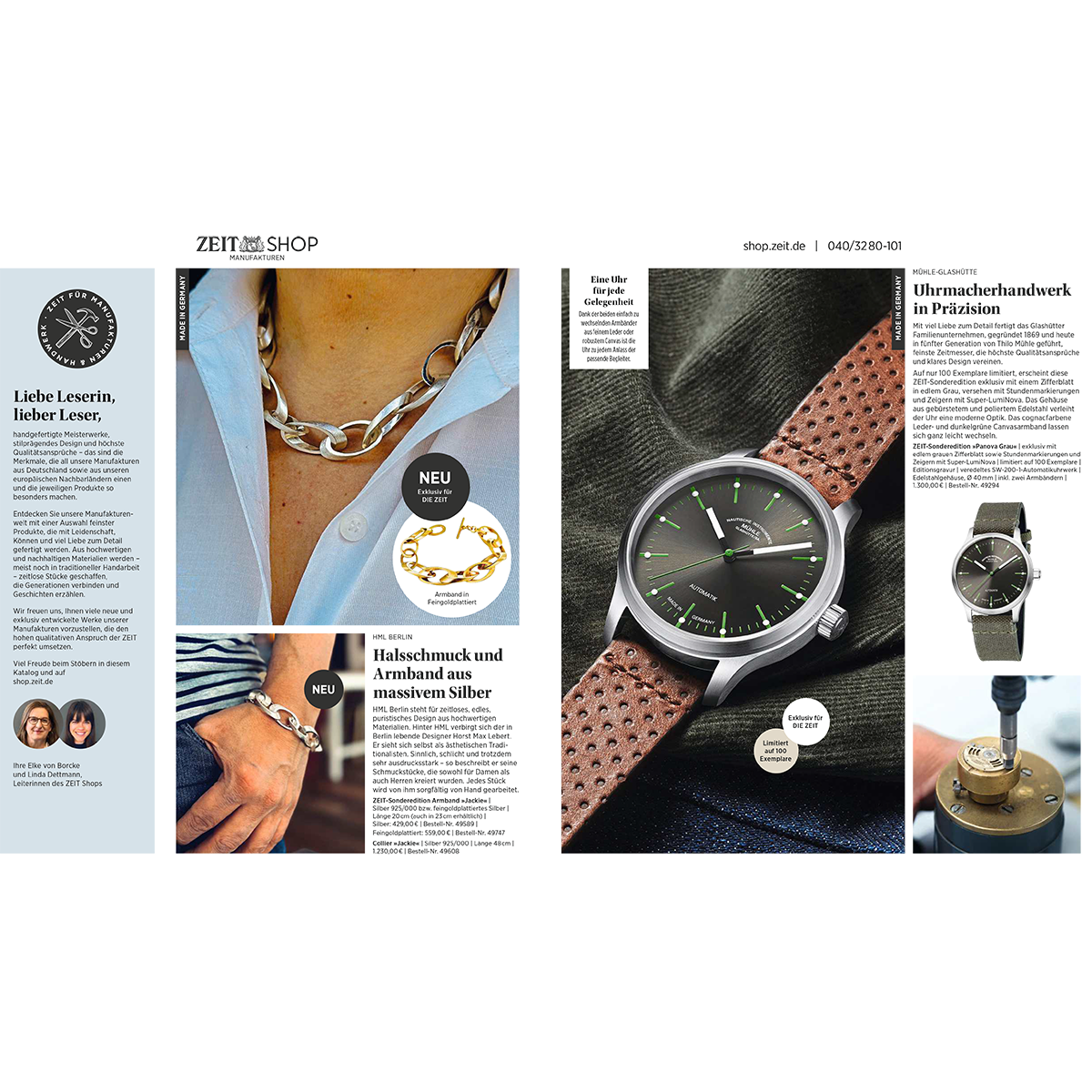 Doppelseitige Katalogseite mit Abbildungen von hochwertigem Halsschmuck aus massivem Silber, einer klassischen Armbanduhr mit braunem Lederarmband sowie erläuternden Beschreibungen. Im Design stehen Handwerkskunst, Präzision und Eleganz im Vordergrund. Der Gesamteindruck ist modern und stilvoll, mit neutralem hellem Hintergrund und dezenten Farbakzenten in den Produktdarstellungen.