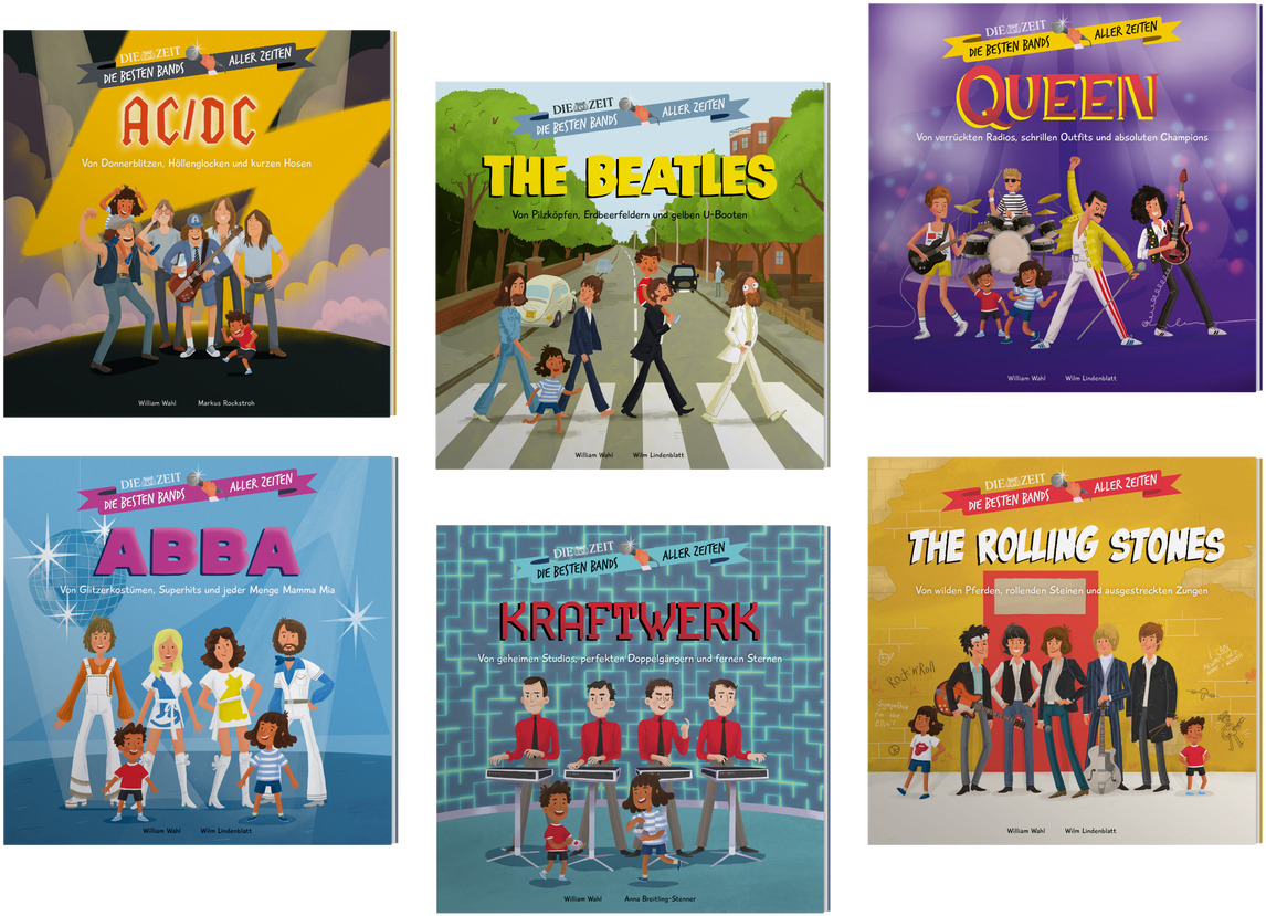 Illustrationen von sechs verschiedenen Album Covern der ZEIT-Edition »Die besten Bands aller Zeiten«: AC/DC, The Beatles, Queen, ABBA, Kraftwerk und The Rolling Stones. Jedes Cover zeigt bunte und detaillierte Zeichnungen der jeweiligen Band in unterschiedlichen Farben und Szenen.