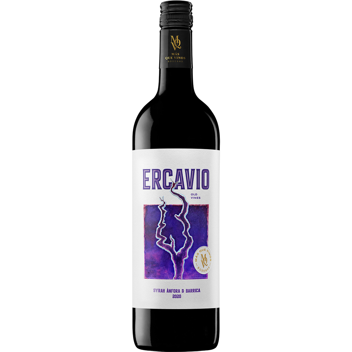 Sechs Flaschen spanischer Rotwein Syrah Evavio von Mas Que Vinos mit modernem, violett-weißem Etikett in einem Gruppenarrangement, geeignet für festliche Anlässe und Genießer. Das Produkt wird auf weißem Hintergrund präsentiert.