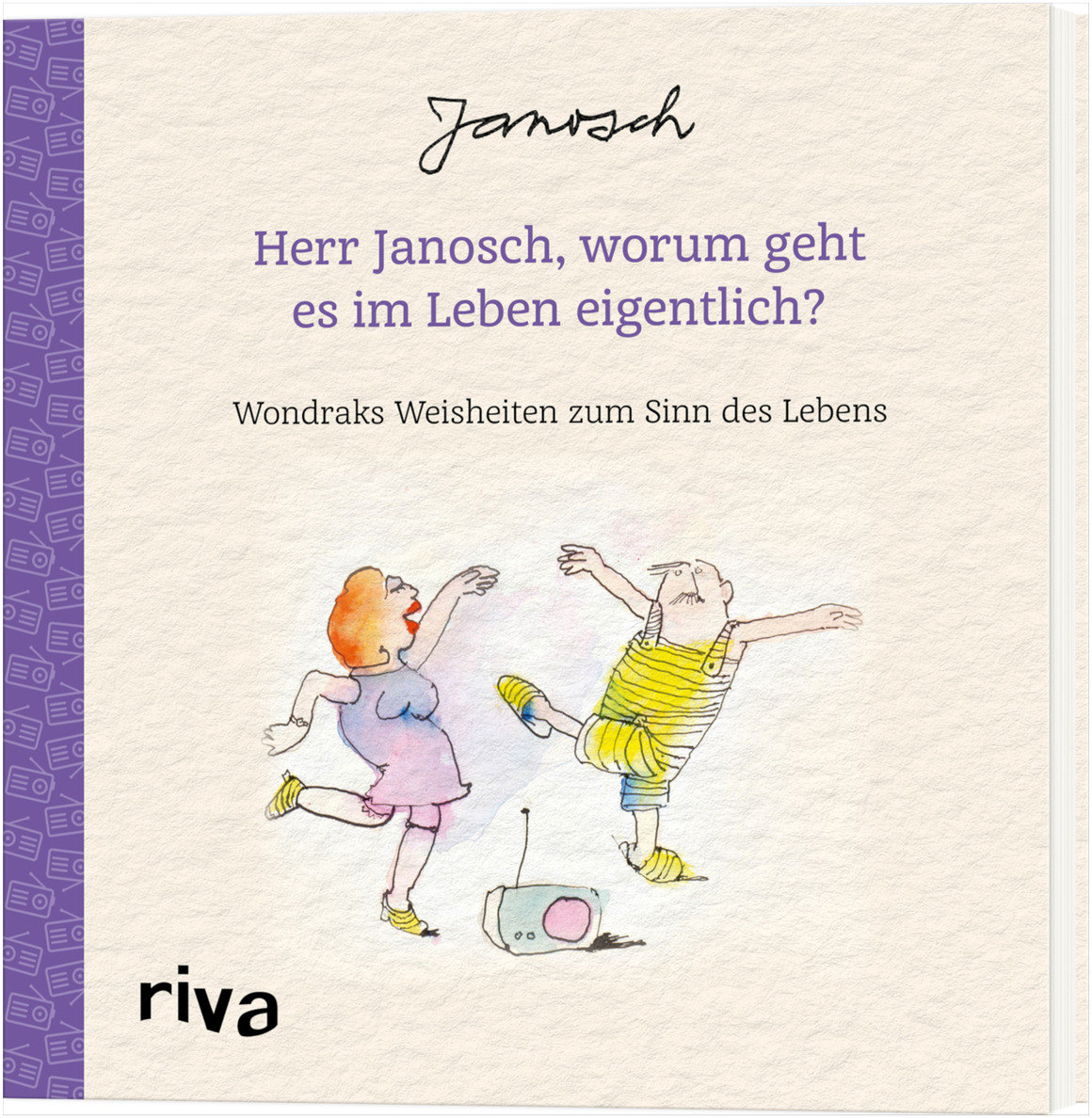 Cover des Buches 'Wondrak-Geschenkbuch: »Herr Janosch, worum geht es im Leben eigentlich?«' mit zwei farbenfrohen, humorvollen Figuren und dem Titel in lila Schrift.