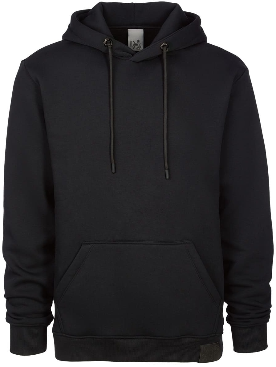 Schwarzer Hoodie der ZEIT-Kollektion mit Kapuze und Kordeln, aus Baumwolle, minimalistisch und unisex, mit Tasche vorne.