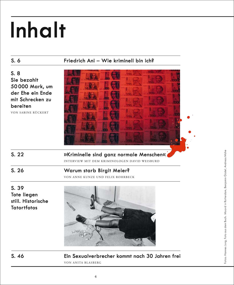 Seite aus dem Magazin ZEIT VERBRECHEN 1/18 mit Inhaltsverzeichnis und Bildern von Artikelseiten, darunter ein Bild mit roten Banknoten und Blutstropfen.