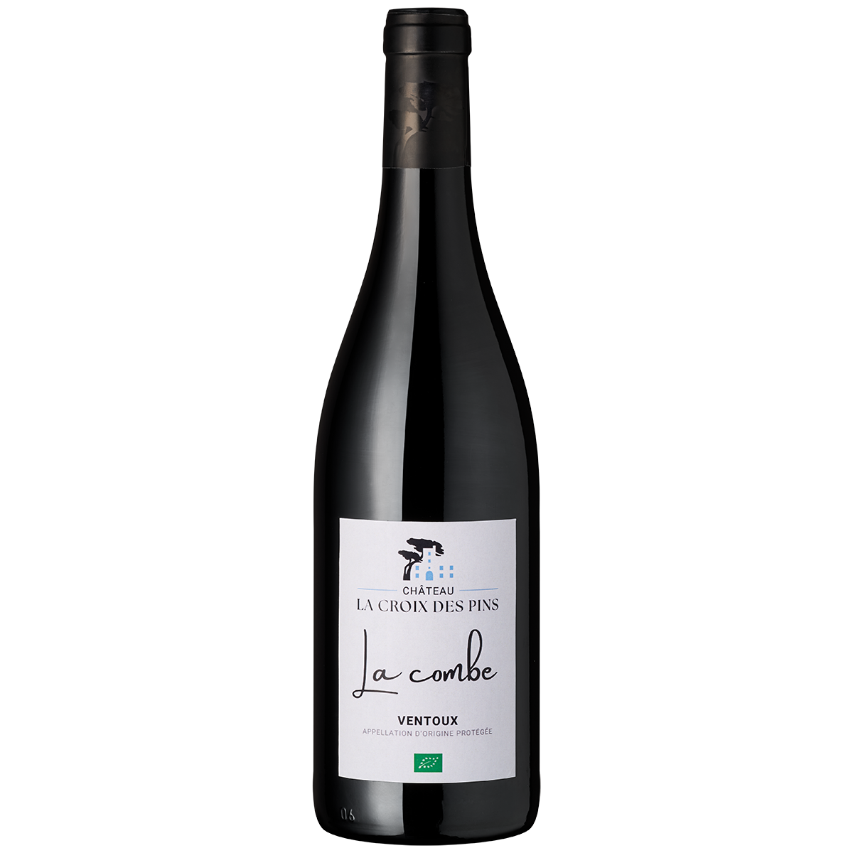 Eine einzelne Flasche Rotwein des Château La Croix des Pins La Combe Ventoux mit weißem Etikett und grünem Bio-Siegel vor neutralem Hintergrund. Die Flasche ist für Weinliebhaber und Genießer geeignet, besonders für festliche Anlässe in Deutschland.