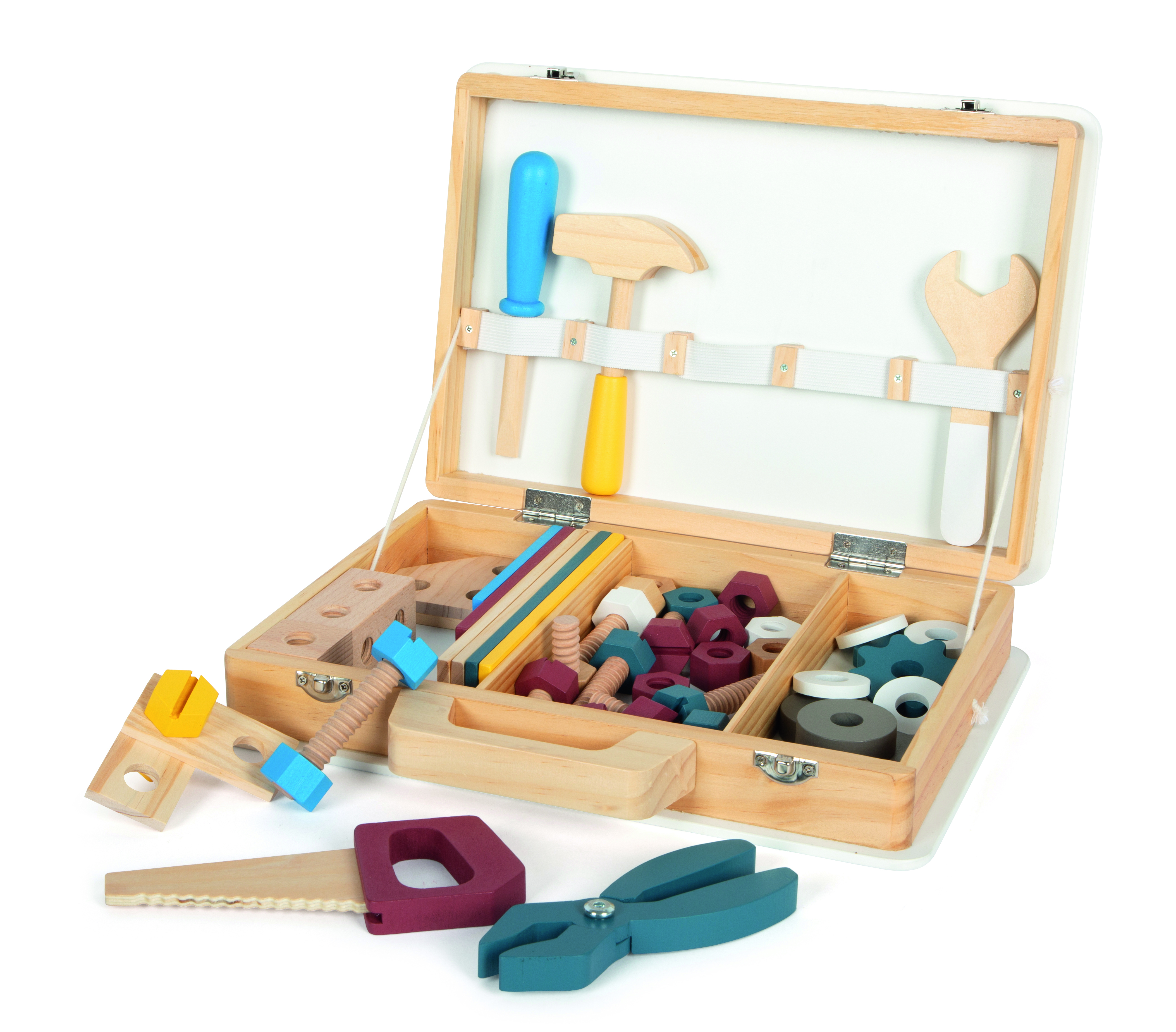 Offener Werkzeugkoffer aus Holz mit verschiedenen bunten Werkzeugen und Schrauben, geeignet für Kinder zum Spielen und Lernen.