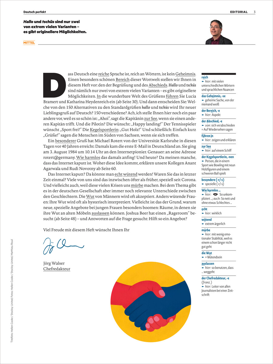 Titelseite des Deutsch perfekt Magazins 09/2024 mit einem Artikel und einem farbigen Symbol von zwei Händen, die sich schütteln.