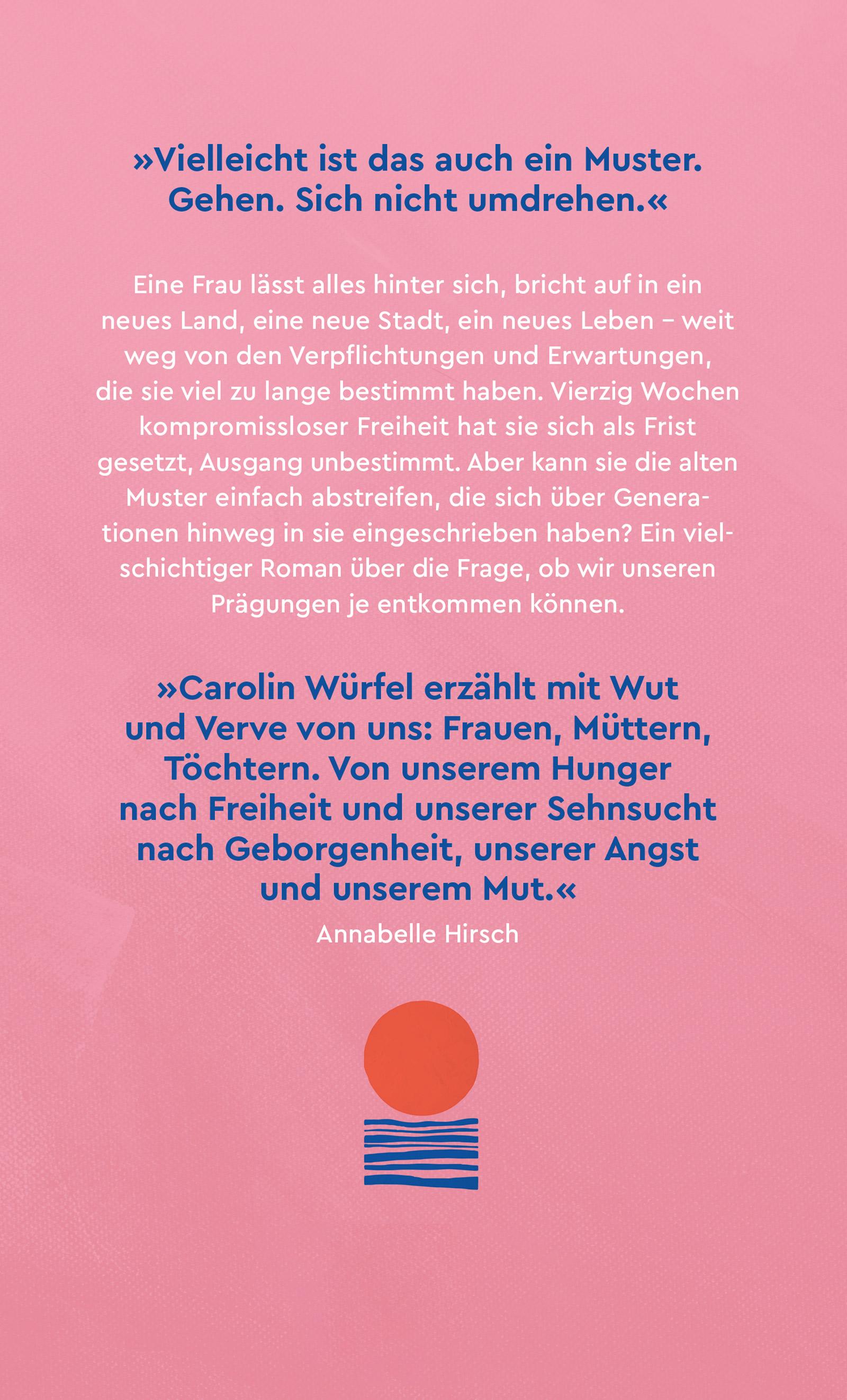 Das Cover des Buchs 'Zuhause ist das Wetter unzuverlässig' von Carolin Würfel zeigt auf rosafarbenem Hintergrund Zitate in blauer und oranger Schrift. In der Bildmitte befindet sich eine minimalistische Grafik mit blauen und orangen Elementen.