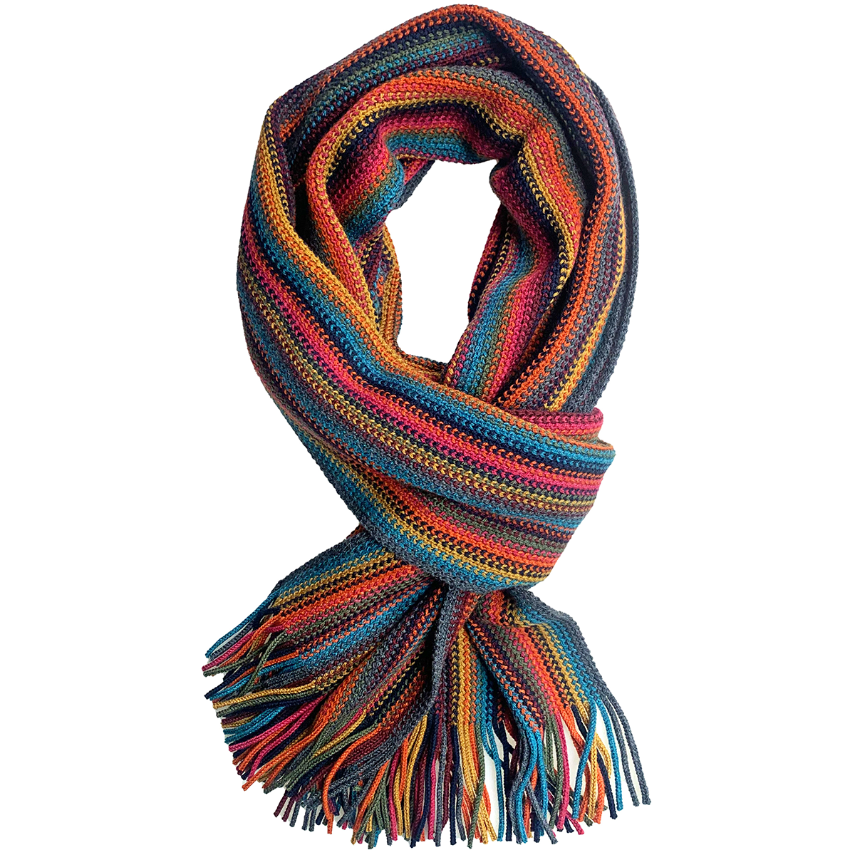 Bunter Merinoschal mit auffälligem Streifenmuster in Rot- und Blautönen, ergänzt durch orange, gelbe und grüne Akzente, aus hochwertiger Merinowolle gestrickt, mit Fransen an den Enden. Der Schal ist dekorativ zusammengerollt und eignet sich als modisches Winteraccessoire.
