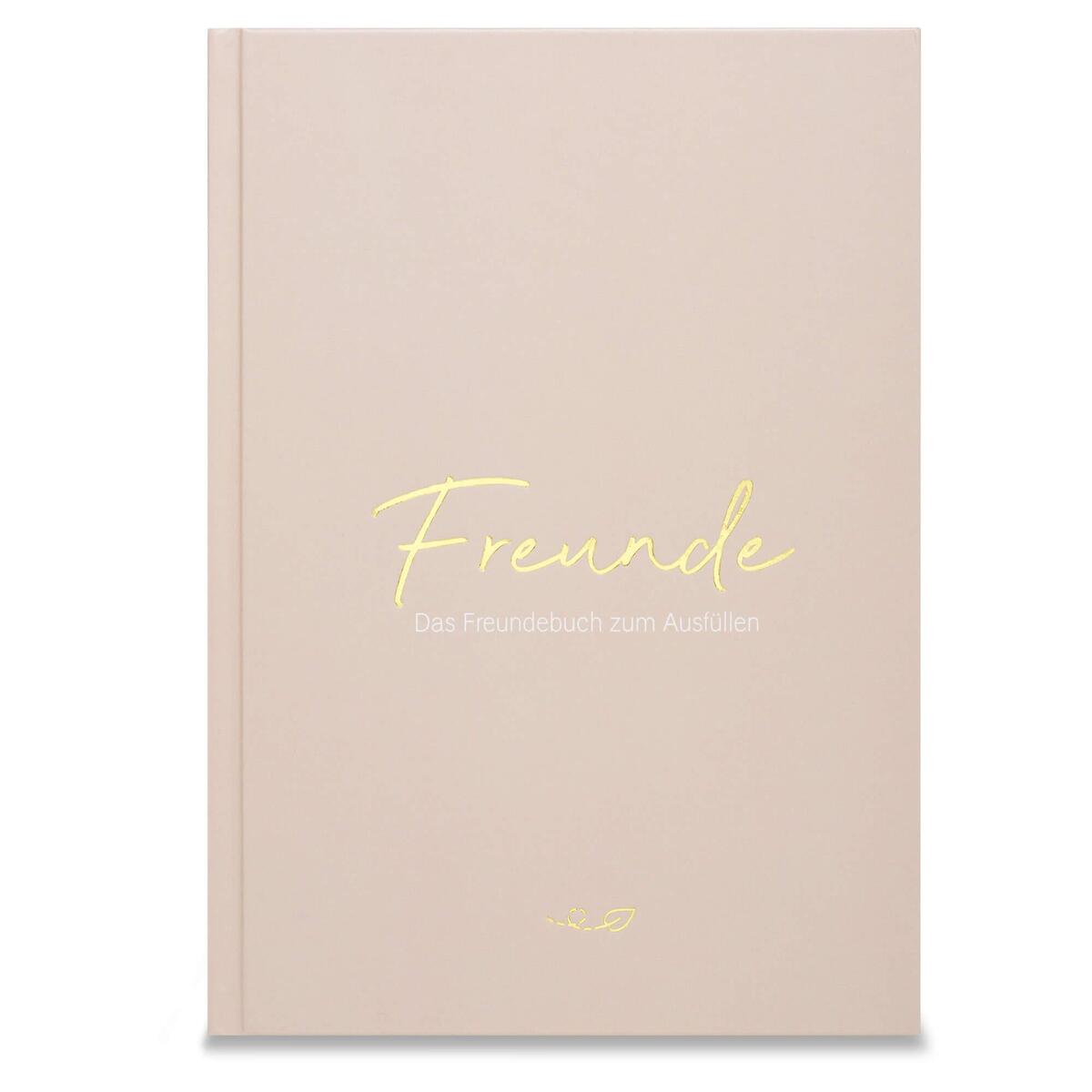 Ein beige-farbenes Freundschaftsbuch für Erwachsene mit dem Titel „Freunde - Das Freunde-Buch zum Ausfüllen“ in gelber Schrift auf dem Cover.