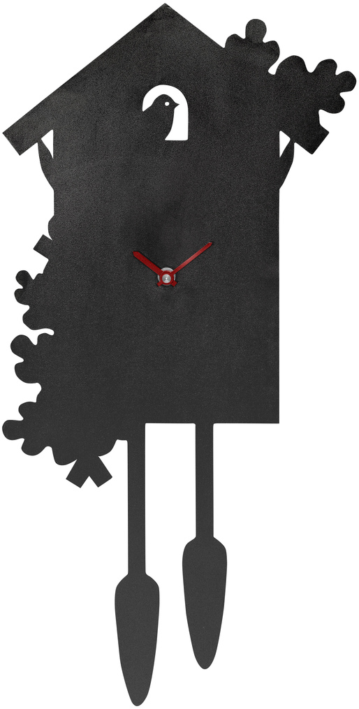 Eine moderne, schwarze Wanduhr im Stil einer Kuckucksuhr mit roten Zeigern und einem Vogelmotiv.