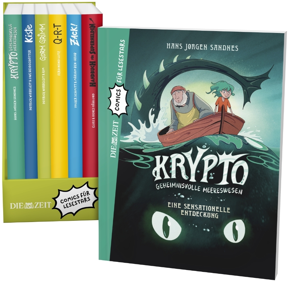 Produktbild der ZEIT-Edition »Comics für Lesestars«, bestehend aus mehreren bunten Comic-Büchern in einem Schuber. Auf einem Buchcover ist eine Abbildung von zwei Figuren in einem Boot auf dem Wasser und ein Titel in stilisierten Buchstaben zu sehen.