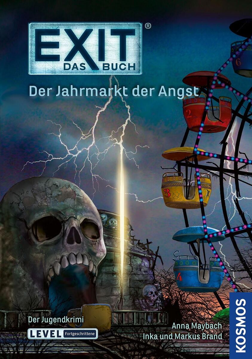 Das Cover des Buches 'EXIT® - Das Buch: Der Jahrmarkt der Angst' zeigt eine gruselige Geisterbahnszene mit einem riesigen Totenkopf, einem bedrohlichen Blitz im Hintergrund, und einem farbenfrohen, aber unheimlichen Riesenrad auf der rechten Seite. Der Titel ist in blauer Schrift vor einem dunklen, unheilvollen Hintergrund abgebildet. Es handelt sich um ein spannendes Rätselbuch, Teil der EXIT-Serie von Kosmos Verlag.