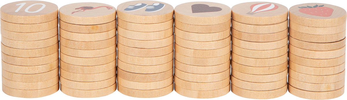 Bild einer Sortierbox aus Holz mit Bildern für Kinder. Die Box enthält Holzscheiben mit verschiedenen Symbolen und Zahlen.
