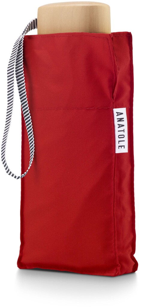 Ein kompakter roter Taschenschirm namens ‚Dauphine‘ mit einem Griff aus Naturholz und einer dazugehörigen roten Stoffhülle mit einer Schlaufe.