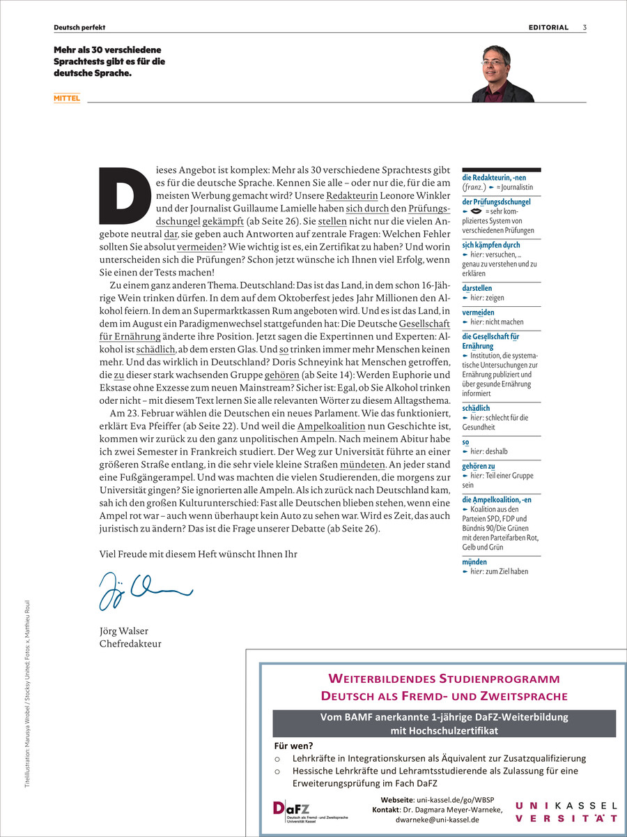 Die Titelseite des Magazins 'Deutsch perfekt' Ausgabe 3/2025 zeigt Textblöcke, einen Editorial-Absatz und eine Fotografie einer Person. Unten sind Werbeanzeigen für ein Weiterbildungsprogramm abgebildet.