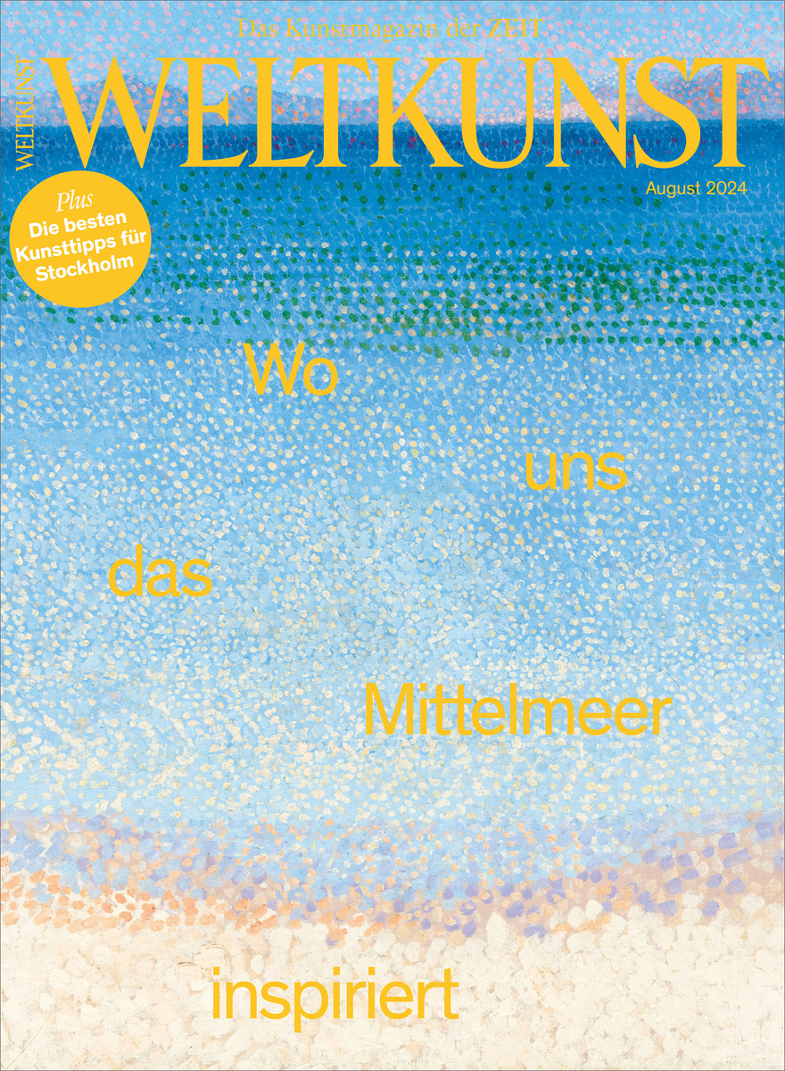 Das Cover des Magazins WELTKUNST 230/24 mit dem Titel 'Wo uns das Mittelmeer inspiriert'. Das Cover zeigt einen stilisierten Blick auf eine Küste, die in Blau, Gelb und Weiß gehalten ist. Oben links befindet sich ein gelber Kreis mit der Aufschrift 'Plus Die besten Kunsttipps für Stockholm'.