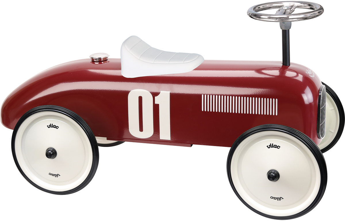 Rotes Vintage-Auto aus Metall für Kinder mit der Nummer 01 auf der Seite. Das Auto hat weiße Reifen und ein schwarzes Lenkrad.